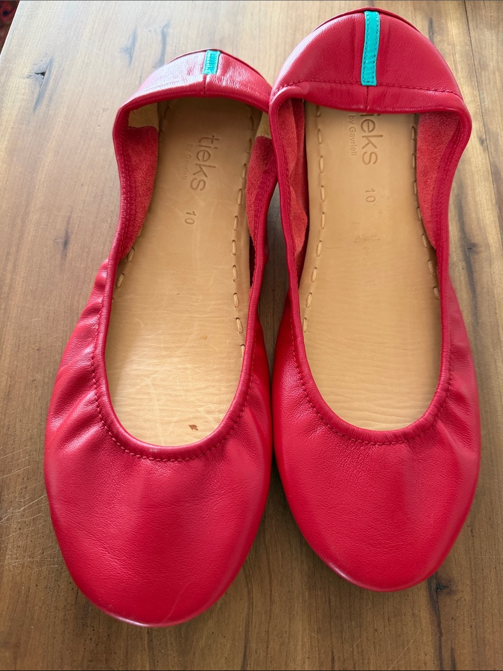Tieks Red Leather Ballet Flats with Teal Heel Tab - Picture 5 of 5